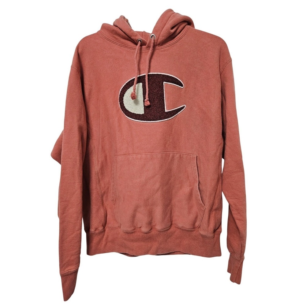 Champion Hoodie Men M Pink Reverse Weave Big C Chenille Logo Pullover Streetwear